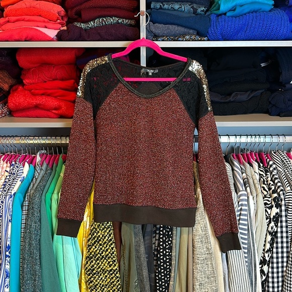Miss Me maroon with metallic threads and black lace sweater size XS - Picture 1 of 4